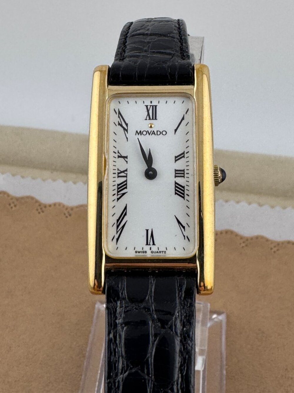 Vintage Movado Ladies Gold Dot Tank Watch Black Strap